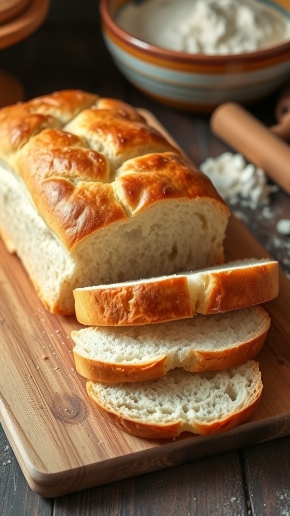 Freshly baked homemade bread loaf with golden crust and soft interior on a wooden board.